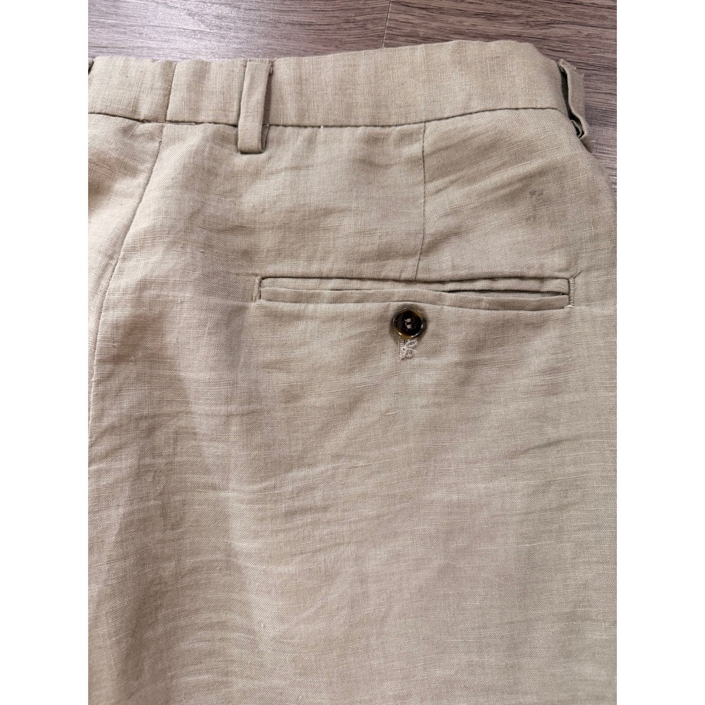 H&M Mens Relaxed Fit 100% Linen Pleated Trousers Tan 30R Neutral Minimalist Chic - Picture 7 of 9